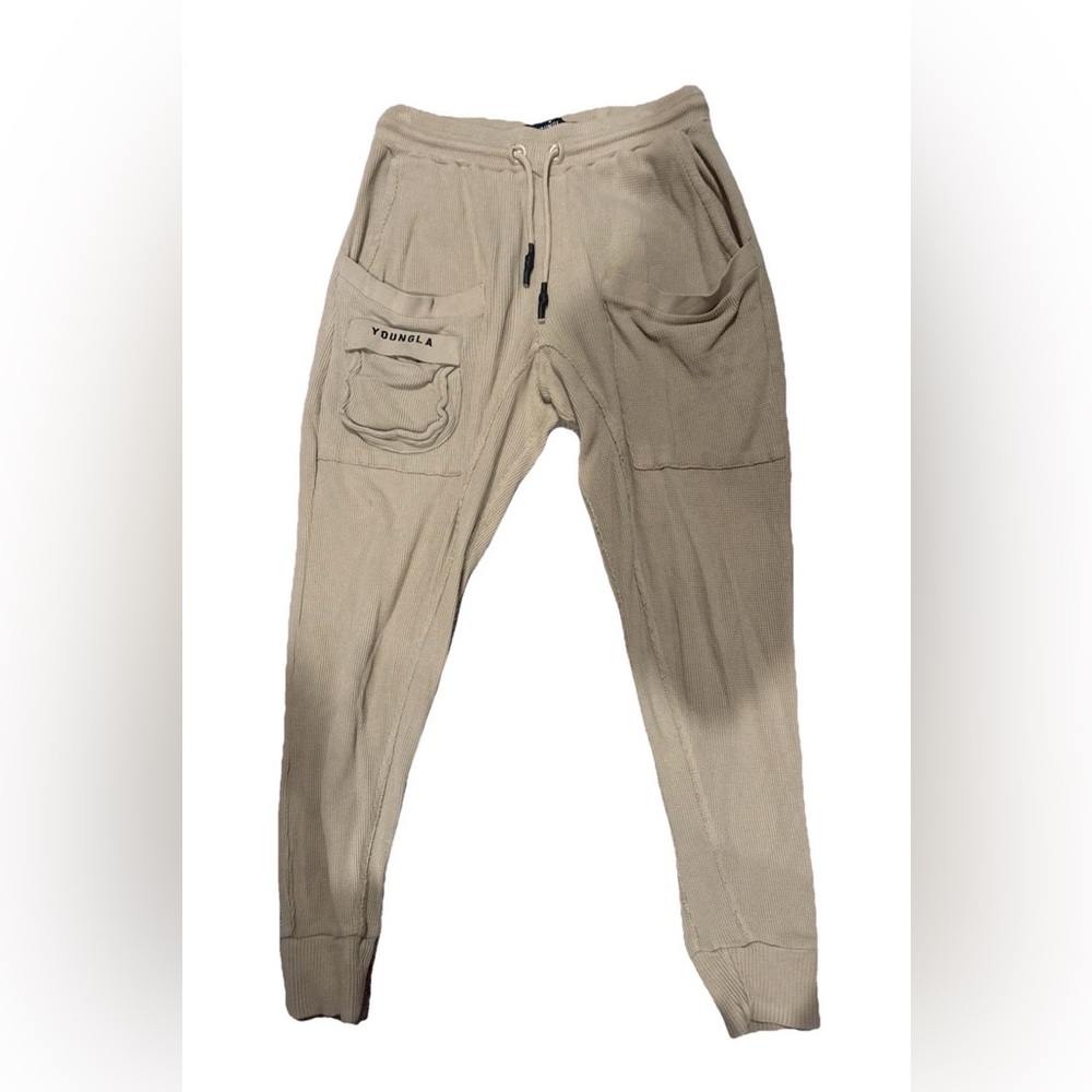YOUNGLA Tan Beige Waffle Knit Jogger Pants Mens size Medium COZY ATHLEISURE